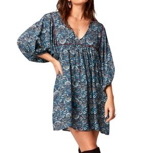 New Band Of The Free Floral Print Tassel Tie Babydoll Mini Dress Teal Size Small